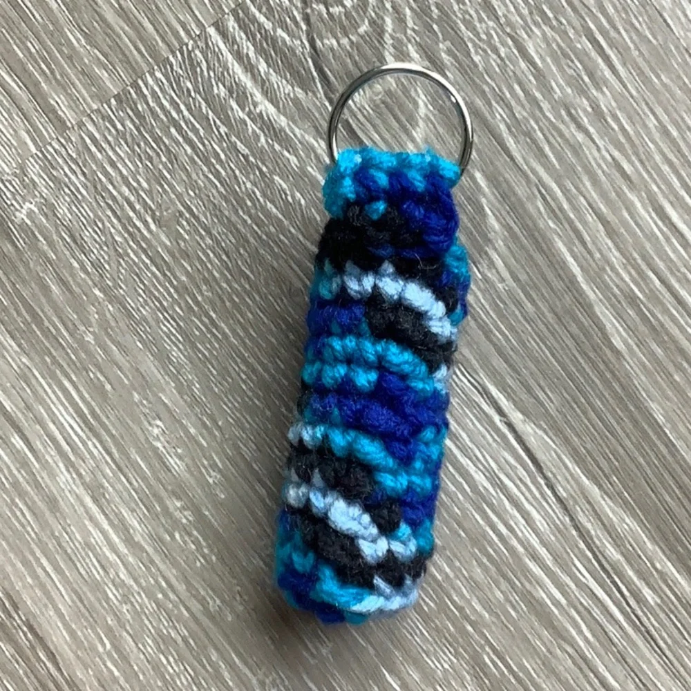 Crochet Lip Balm Holder Keychain shades of blue & black - Picture 3 of 5
